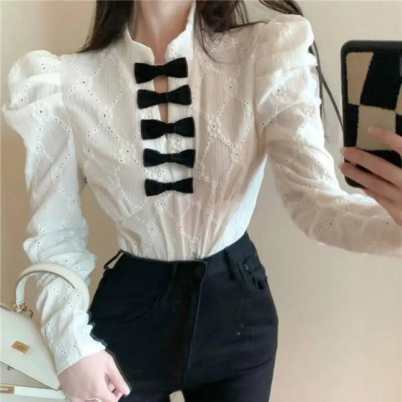 Women's shirt French bow design sense small long sleeve shirt 2024 spring and autumn new slim lace top