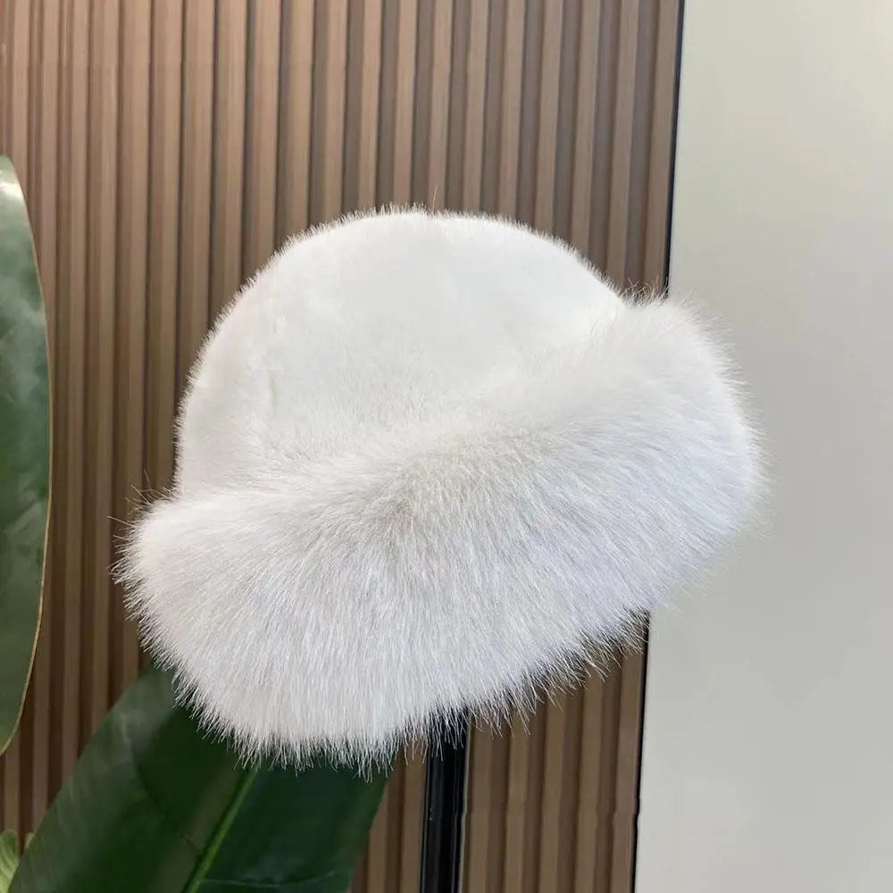 2024 New Women Fluffy Faux Fur Bucket Hat Winter Warm Ear Protection Cap Windproof Panama Caps Fashion White Plush Bucket Hat