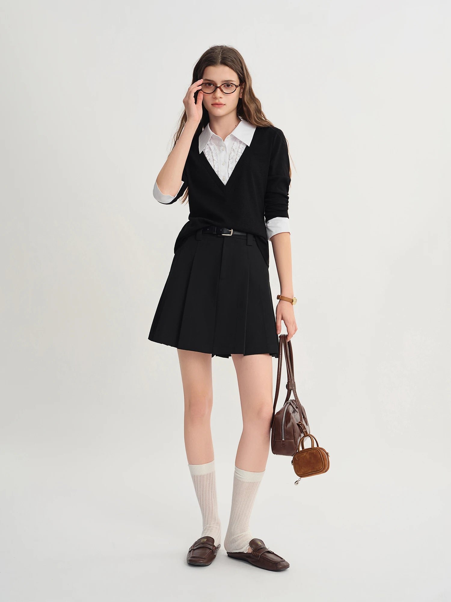 Plus Size Women's Fake Two-piece Long-sleeved Patchwork Shirt 2025 Autumn New Arrival Knitted Pullover Fashion Commute Top