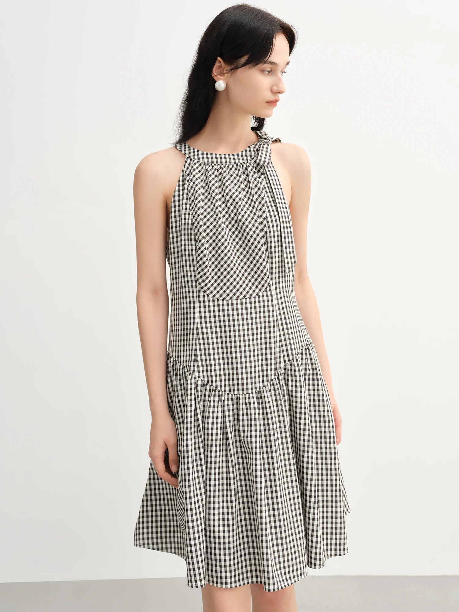 DUSHU Women Halter Neck Lace-up Plaid Dress 2025 Summer New Arrival Sweet Style Retro Halter Neck Casual Chic Dress
