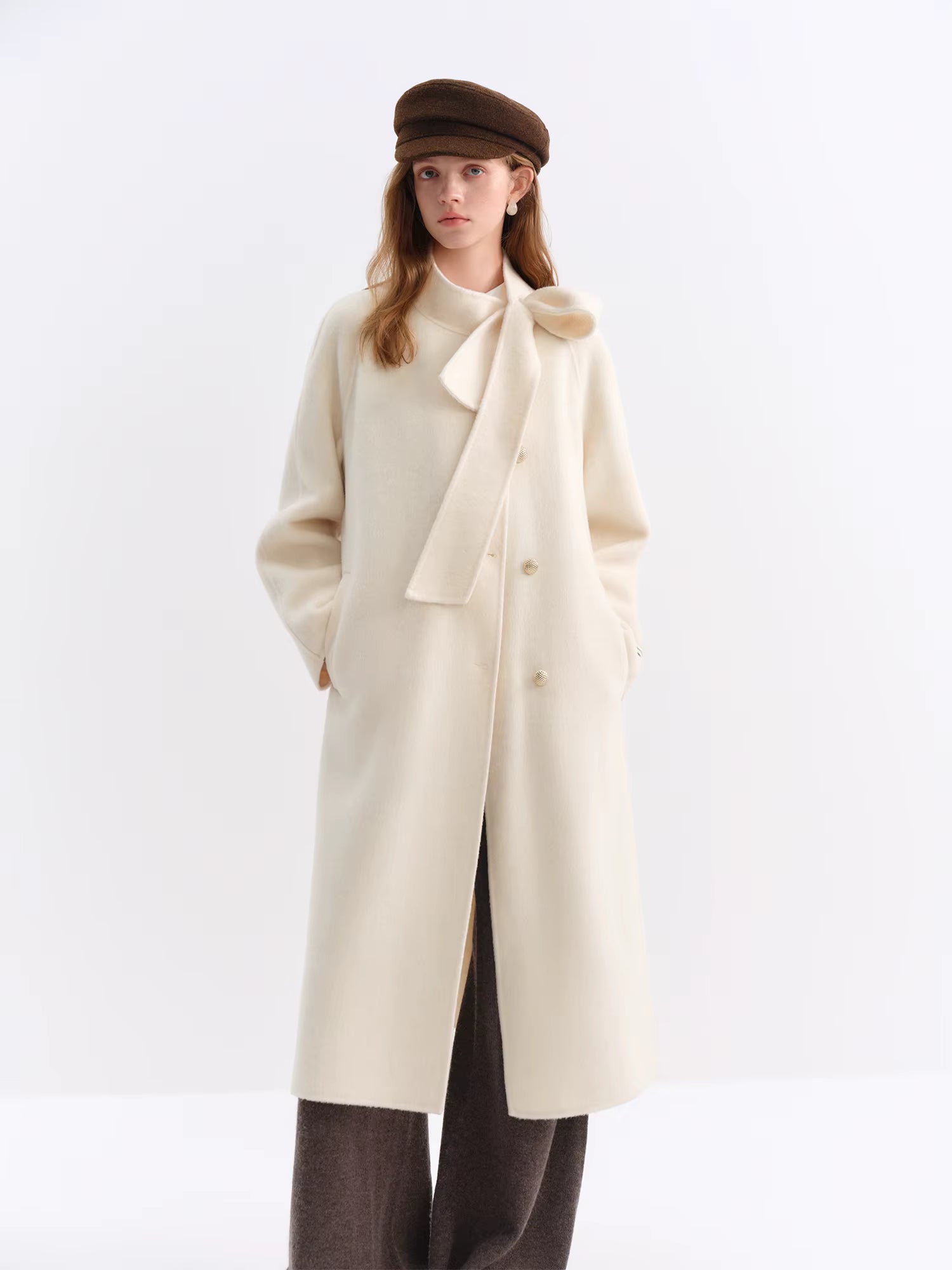 Winter 2025 Women Stand Collar Tie Detail Double Faced Wool Blend Coat - Long Length Elegant Outerwear for Casual Winter