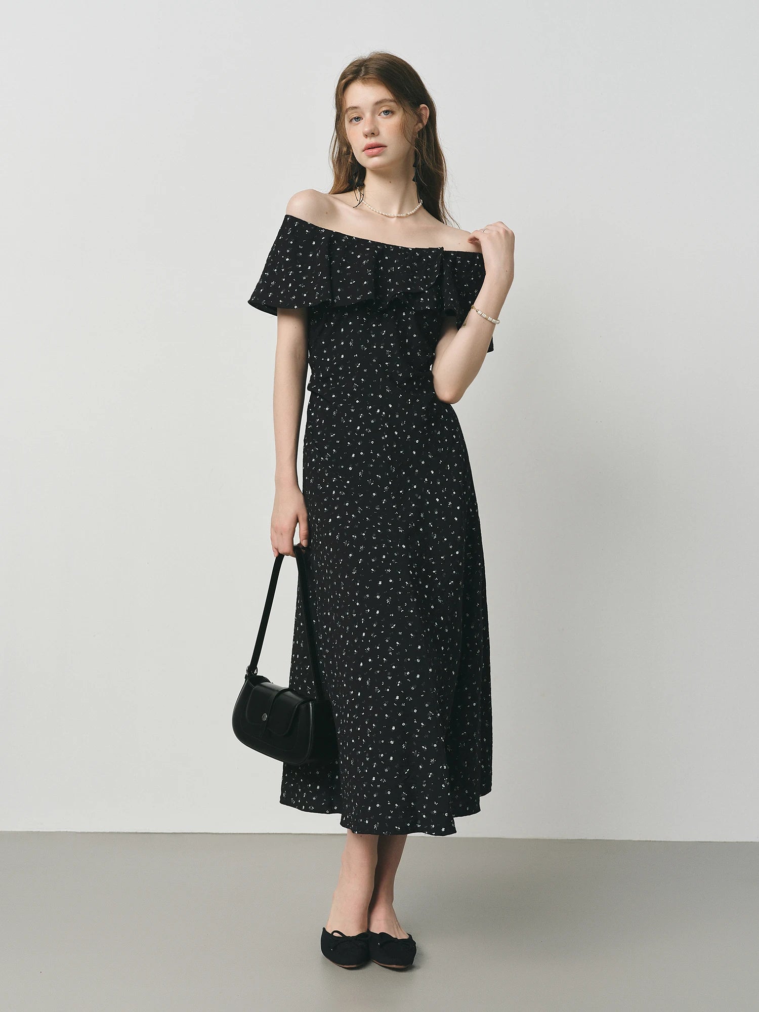 FSLE French Charmeuse Ruffled Floral Print Off Shoulder Skirt Dress for Women 2025 Summer  New Arrival Dresses