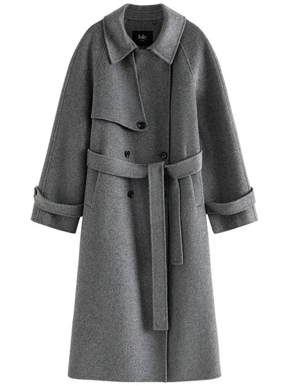 FSLE 100% Wool Belt Design Women Temperament Grey Long Double Breasted Wool Coats Windbreaker Style Lapel Female Navy Blue Coat