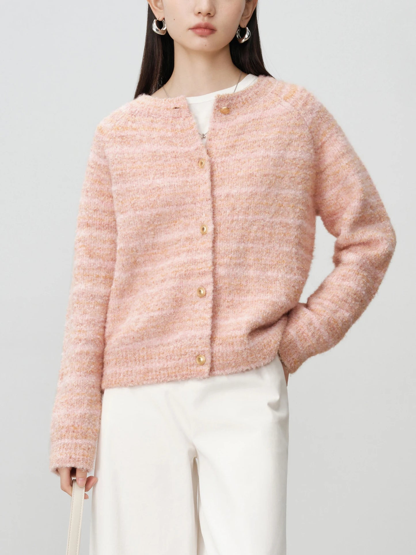 ZIQIAO Women Wool Pullover Sweater Pink Gentle 3.4% Wool Pullover Tops Round Neck Winter Cardigans 24ZQ94135+24ZQ94136