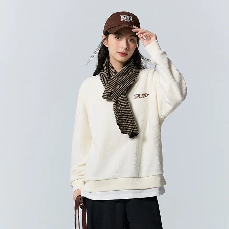 Semir Sweatshirt Women Mid-Length Heating Imitation Lamb Wool Loose Fake Two-Piece Letter Embroidery Dropped Shoulder Top