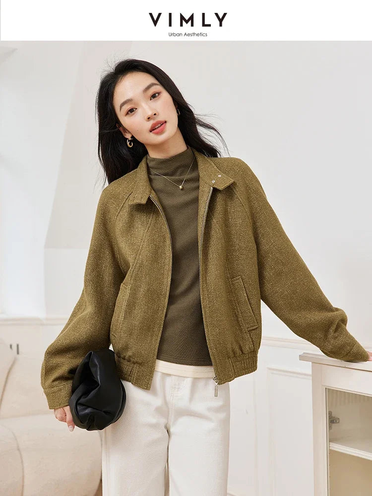 VIMLY Women's Simple Tweed Short Jacket Coat Autumn Winter Lapel Neck Zipper Fashion Casual Slim Office Lady Outwear Warm Coat