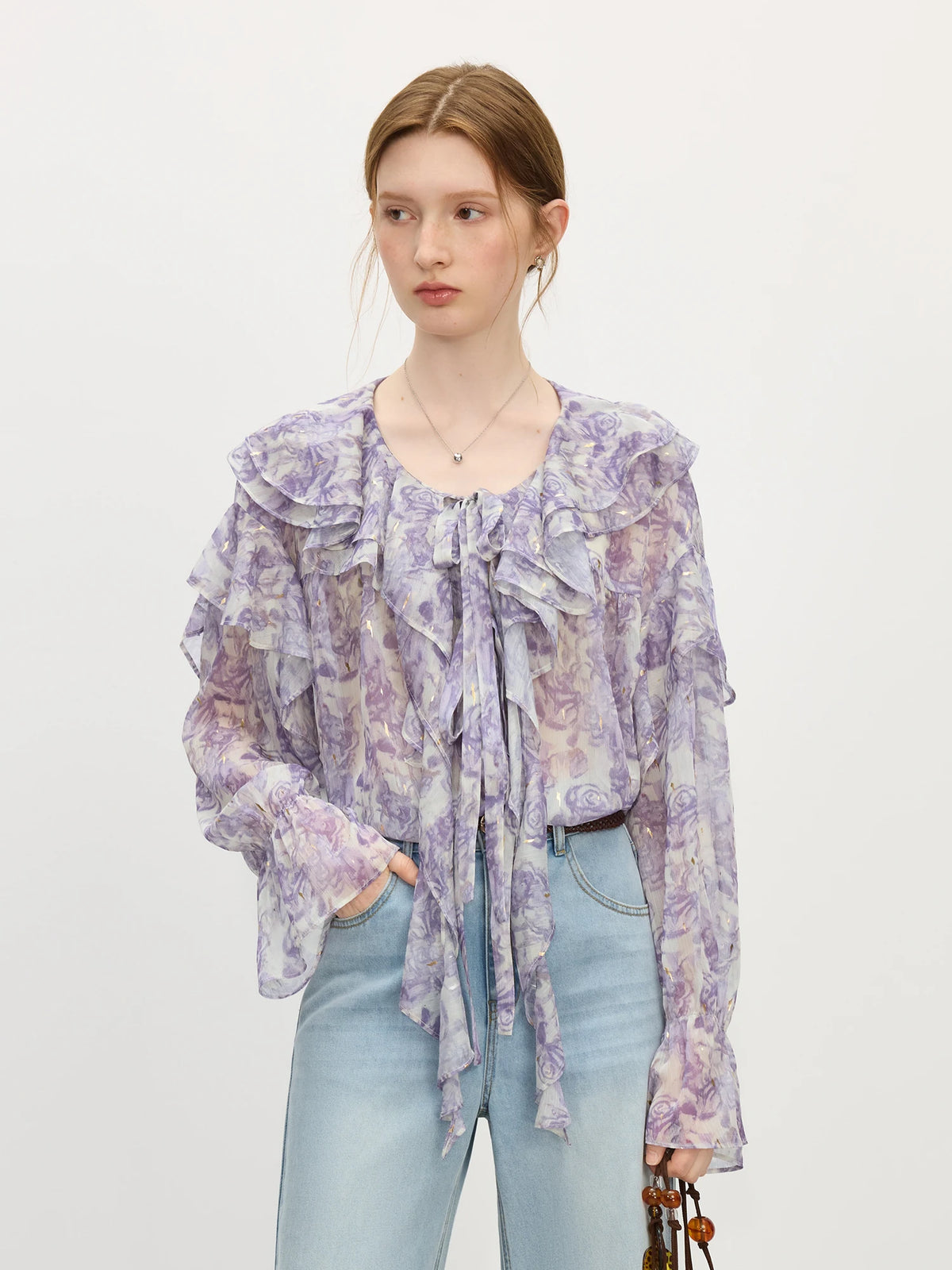 FSLE French Rose Ruffle Collar Shirt Women 2025 Summer New Commuter Long-sleeved Top