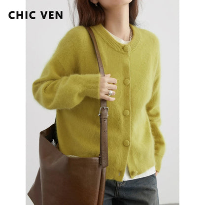 CHIC VEN Women Cardigan Green Loose Korean Soft Knitted Sweaters Rabbit Hair Woman Jumpers Casual Female Top Autumn Winter 2024