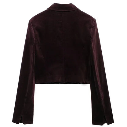 TRAF Women's Jacket Cropped Velvet Jacket Autumn Winter Coats Woman 2024 Burgundy Jacket Outerwear Lady Fashion Long Sleeve Coat