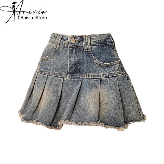 Women's Summer Cute Denim Short Skirt High Waist Burr Edge Spliced Casual A-line Harajuku Korean Style Y2K Mini Pleated Skirt