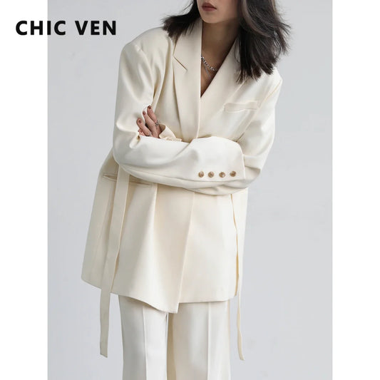 CHIC VEN Women's Blazers Fashion Design Solid Loose Suits Wide Shoulder Ribbon Office Lady Female Clothing Spring Autumn 2024