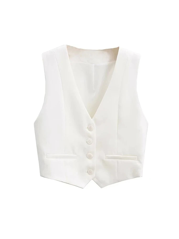 Front Buttons Cropped Waistcoat Vintage V Neck Sleeveless Female Outerwear Chic Tops