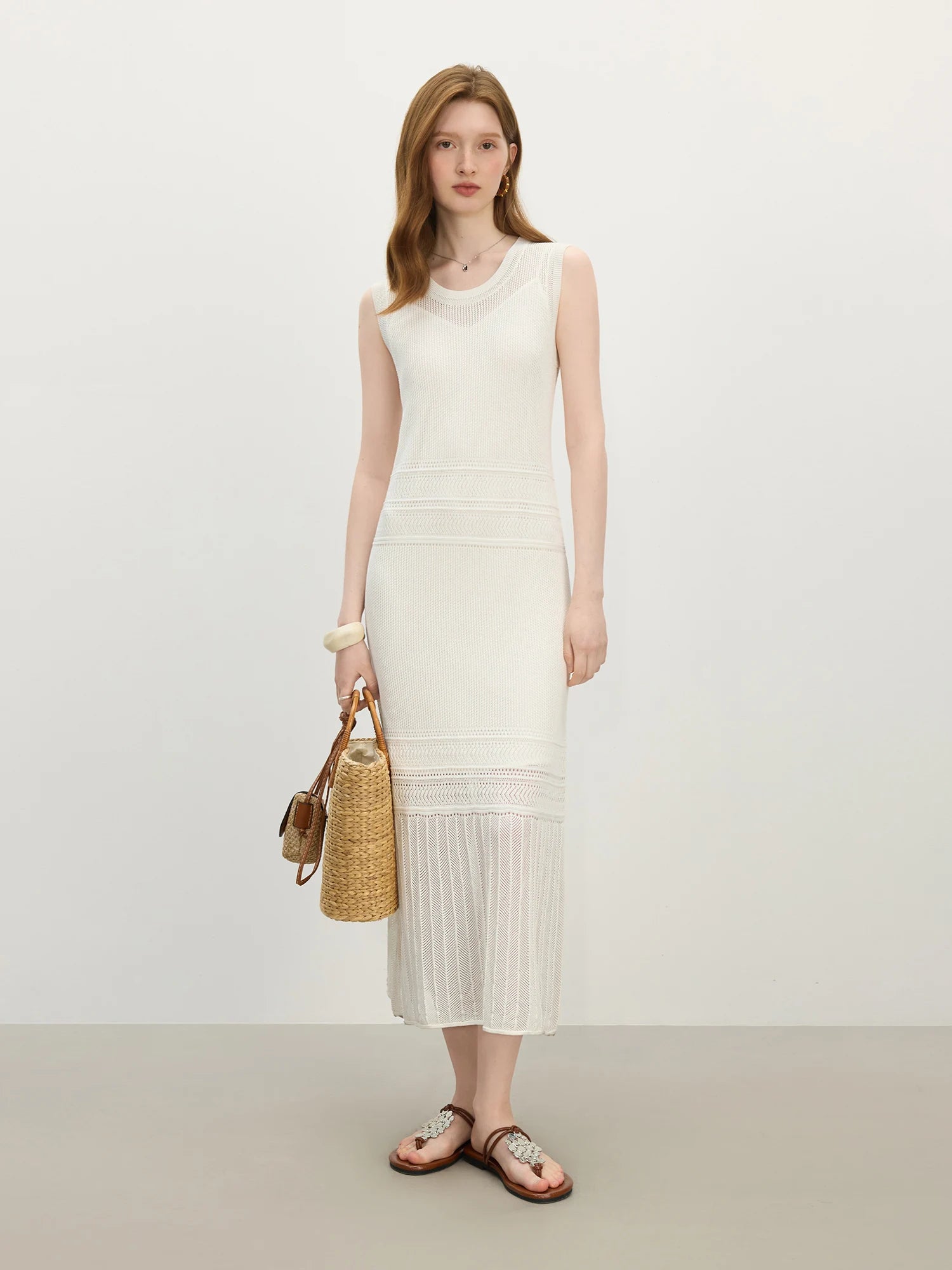FSLE Elegant Style Holiday Season Hollow Sleeveless Knitted Dress For Women 2025 Summer New Arrival Suspender Dress