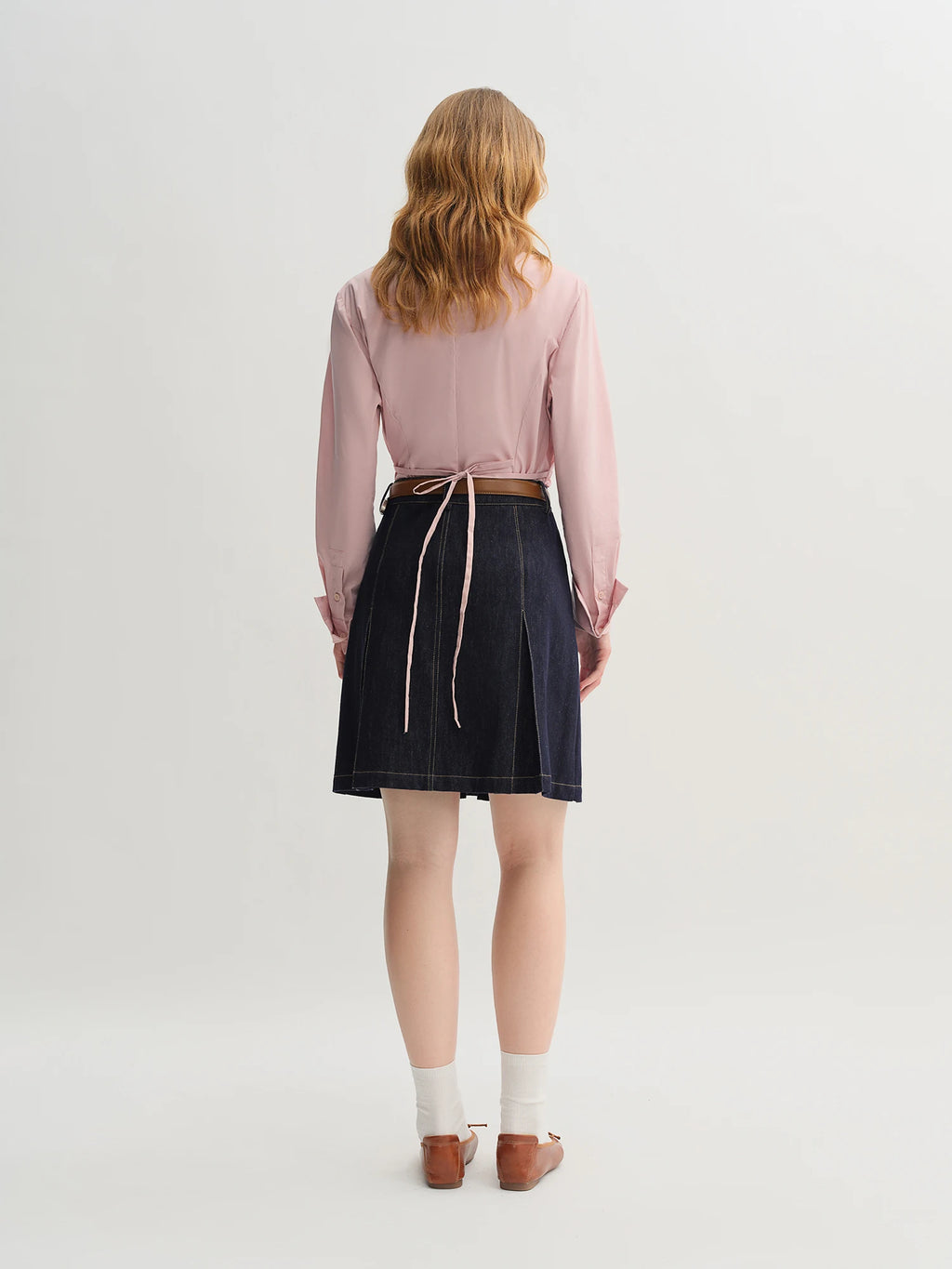DUSHU Pleated Tie Waist Tricolor Shirt 2025 Autumn New Shirt Slim Tops A-line Skirts Women Suits