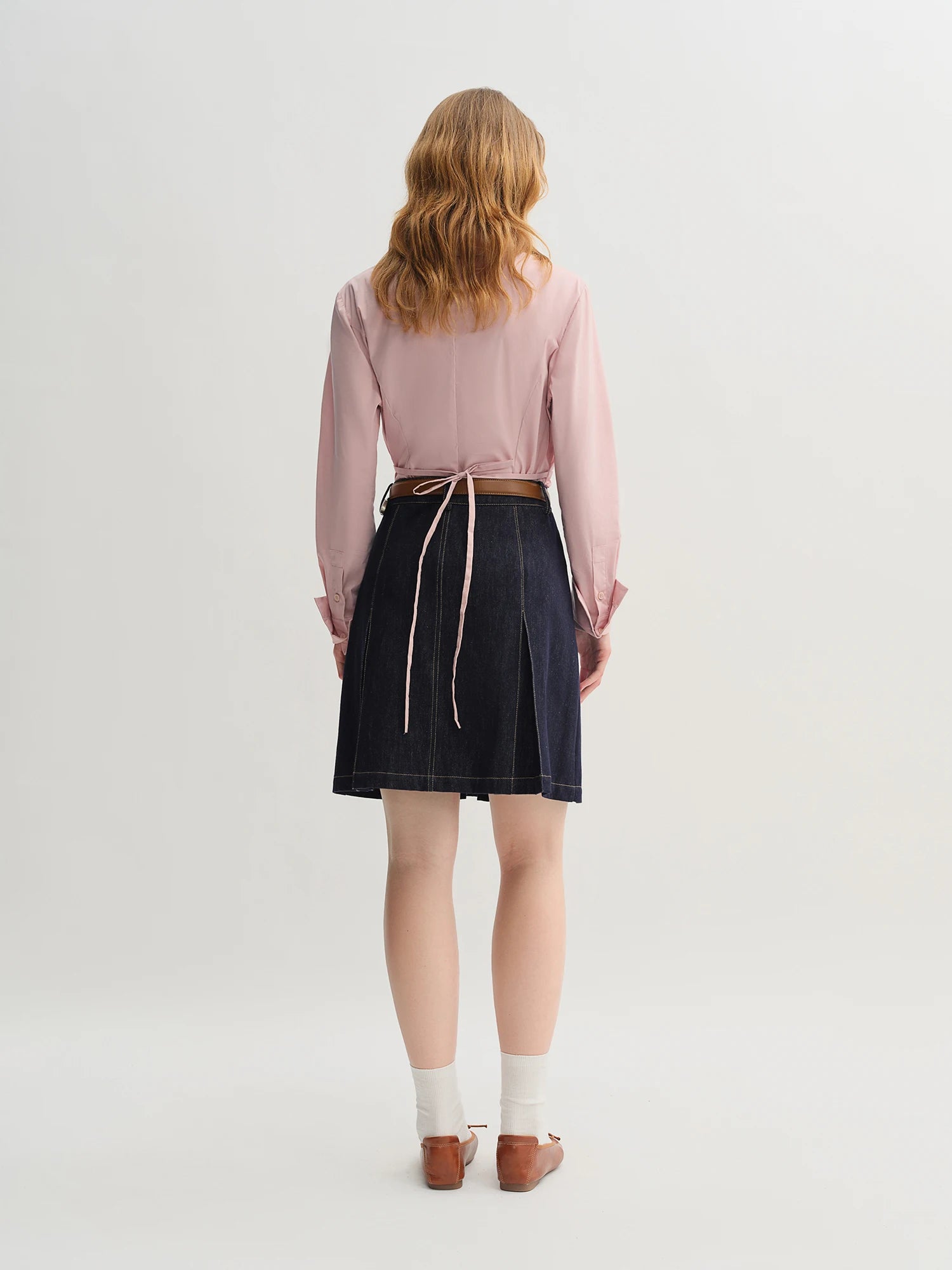DUSHU Pleated Tie Waist Tricolor Shirt 2025 Autumn New Shirt Slim Tops A-line Skirts Women Suits