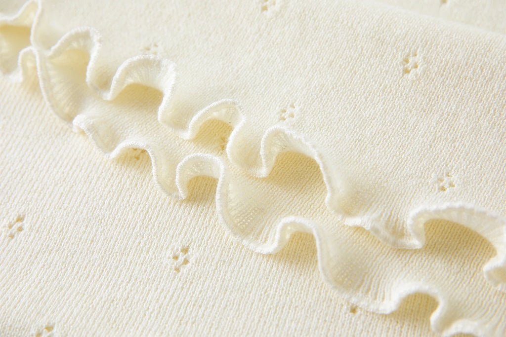 DUSHU Autumn 2025 Women's Round Neck Knit Top - Eyelet Trim Lace Edge Ribbed Texture Office Casual Blouse with Loose Fit