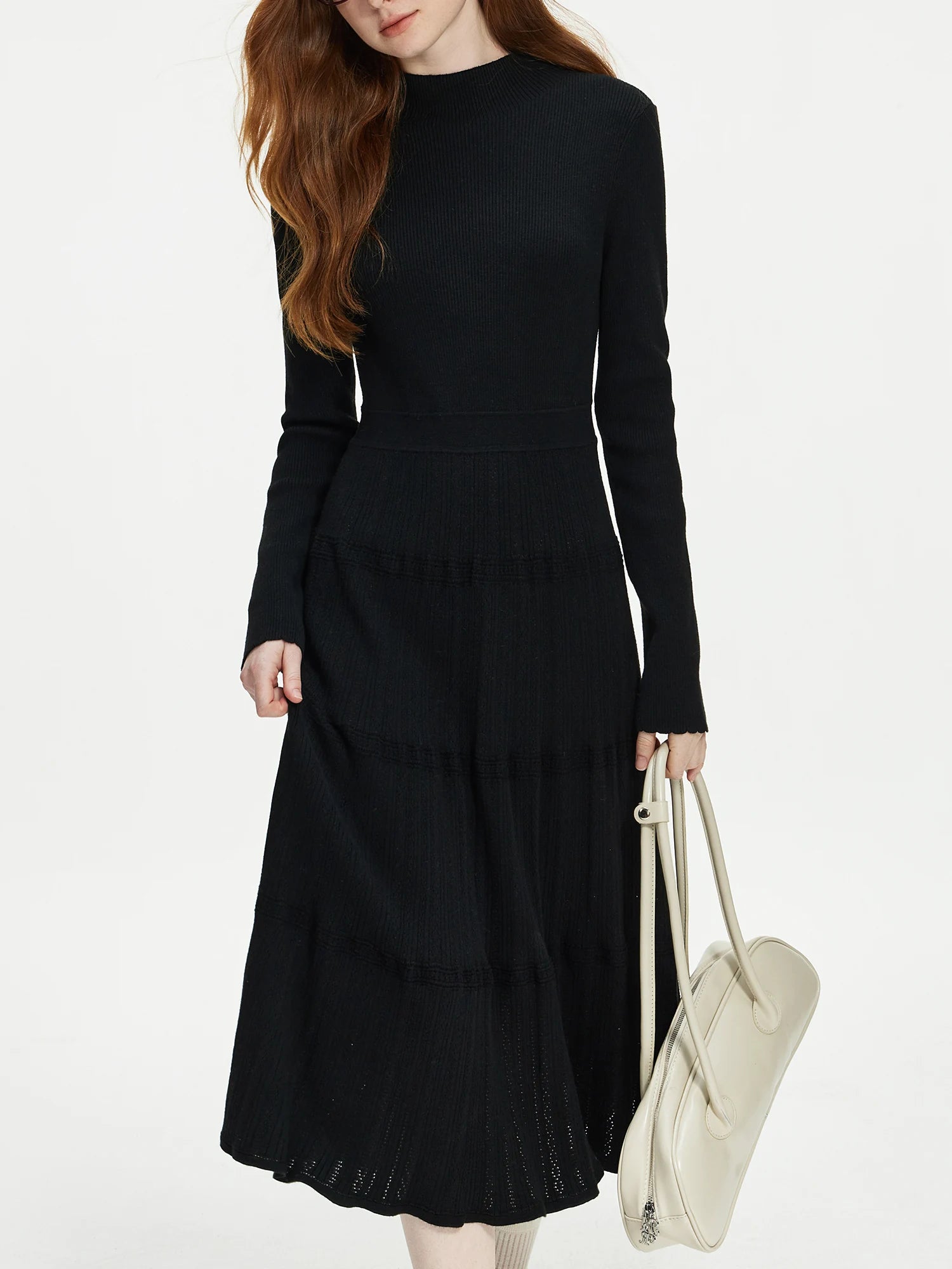 FSLE Office Lady Black Semi High Neck Long Sleeved Base Knitted Dress for Women's Autumn and Winter 2024 New Dress 24FS14387