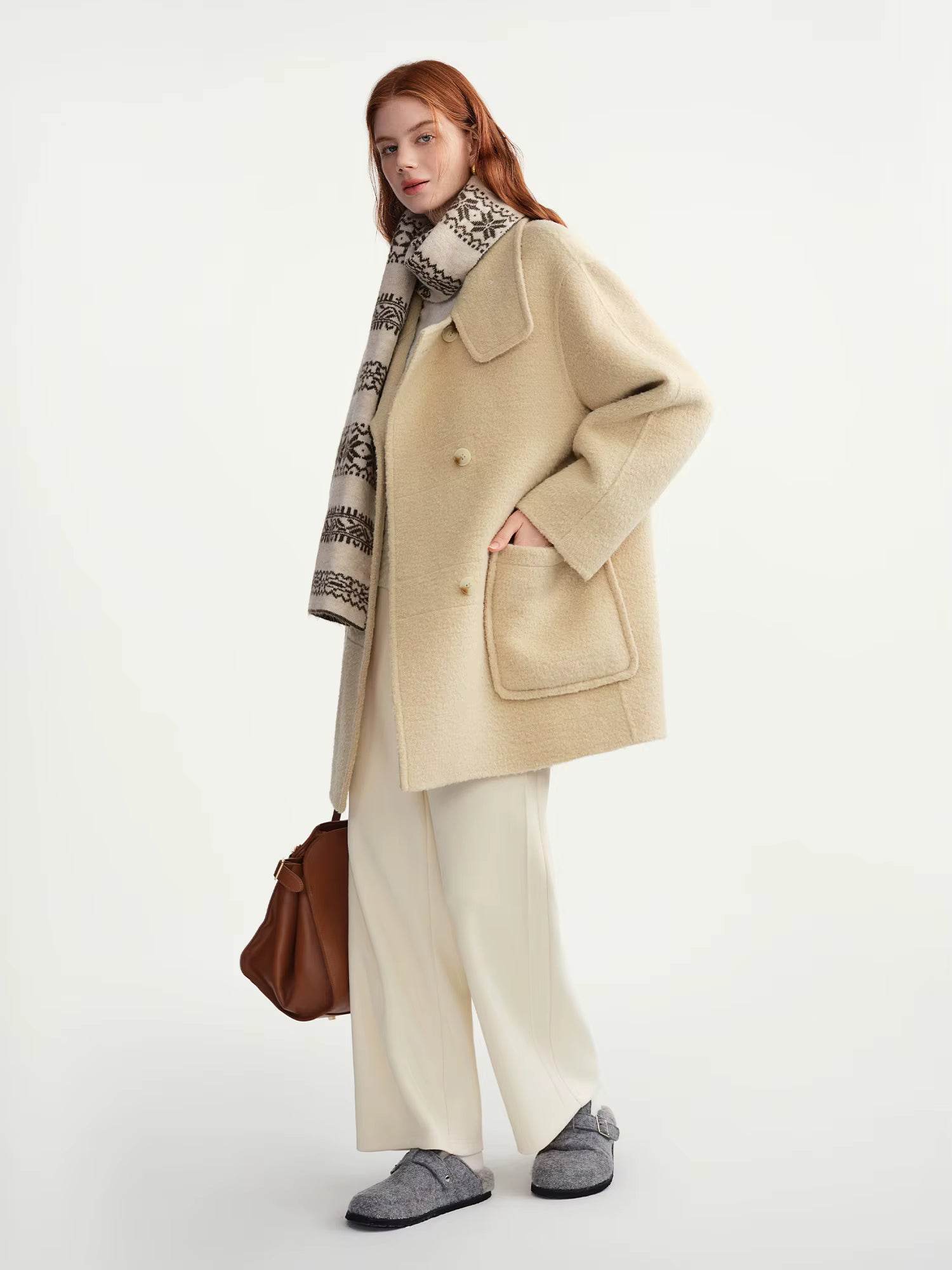 Oatmeal Stand Collar Double-breasted Patch Pocket Woolen Coat 2025 Winter Woolen Coat Simple Sweet Temperament Korean