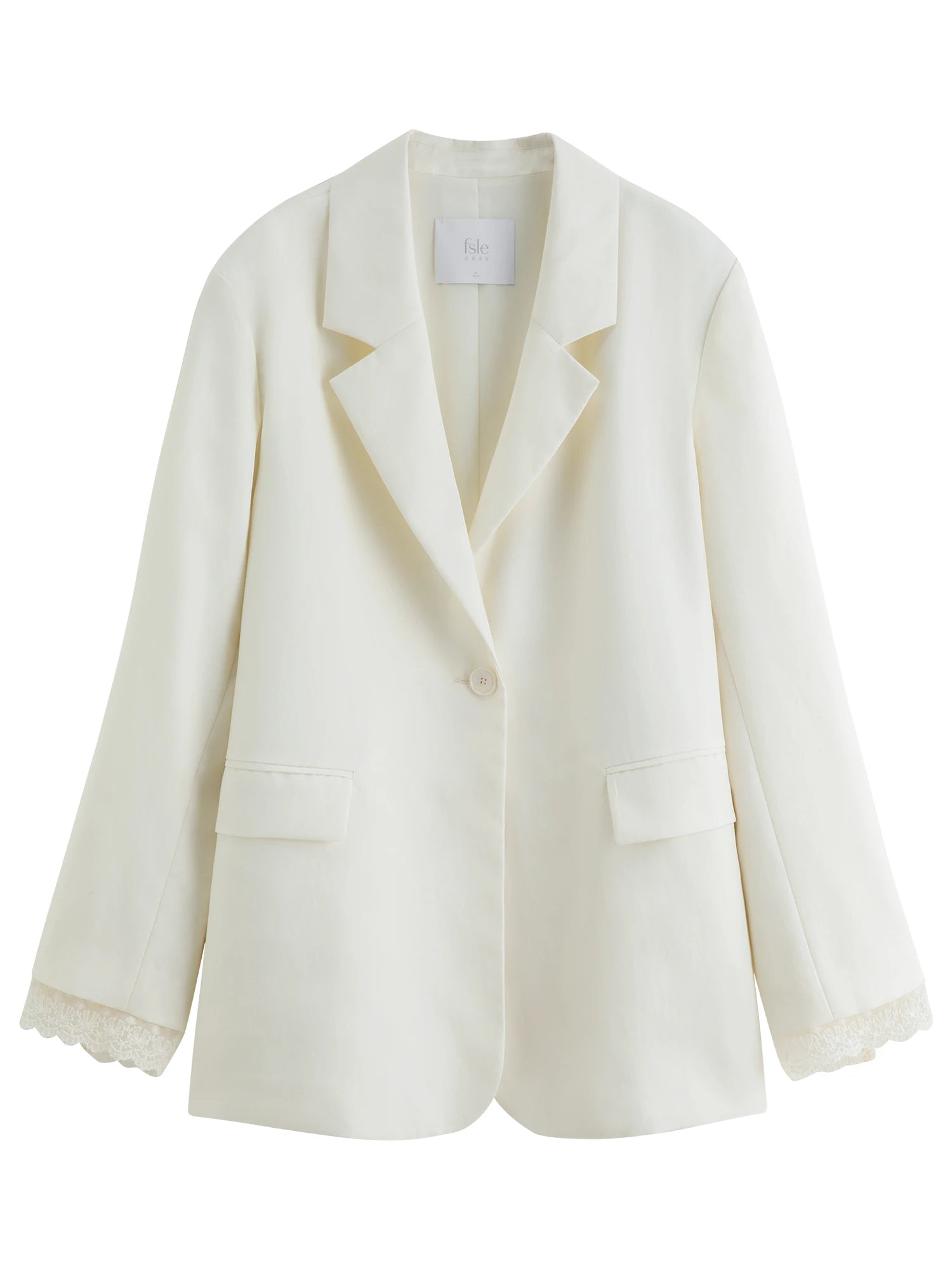 FSLE Design Sensitive French Women's Blazer with Lace Trim 2025 Autumn New Arrival White Suit Blazers