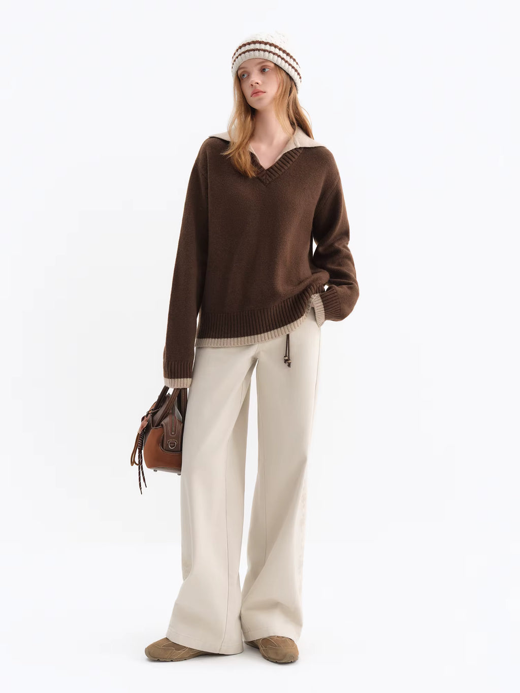 Fake Two-piece Design Pullovers Female Contrast Color Lapel Loose Casual Sweater for Women Winter 2025 New Style