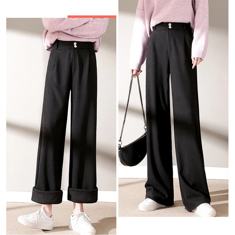 2024 Autumn Winter Women Concise Woolen Pants Lady Wide Leg Designer Outside Trousers Female Thicken High Waisted Draping Pants