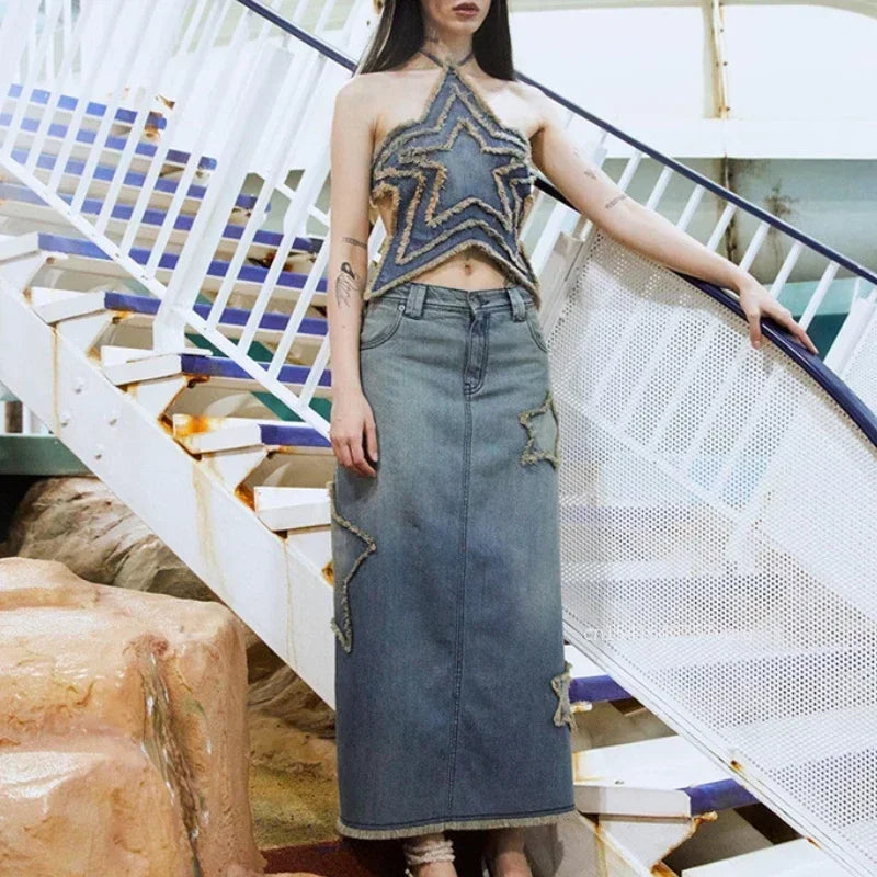 Distressed Star-shaped Crop Top Stitched Y2k Grunge Tie-up Backless Corset Tops Women Summer Streetwear Denim Shirts 90s