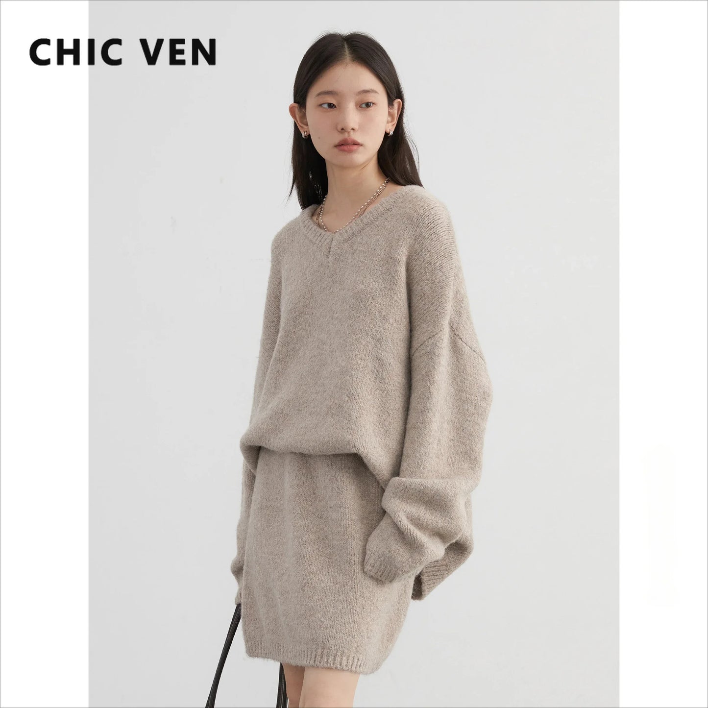 CHIC VEN Fashion Women Skirt Set Pullover Loose New Mini V-neck Solid Sweater Straight Leg Skirts Spring Autumn 2024