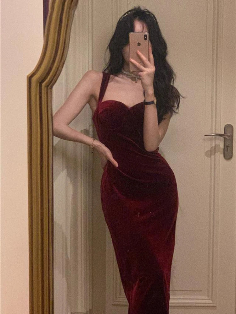 Burgundy Velvet Party Dresses for Women Sheath Slim Sexy Sleeveless Midi Elegant Vestidos De Mujer Clubwear Retro Korean Fashion