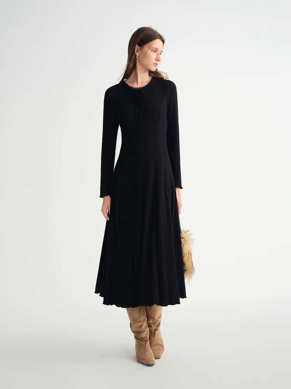 Women's Round Neck Lace Panel Slim Fit Maxi Dress - Elegant Bodycon Long Dress Versatile Layering Staple for Daily Wear