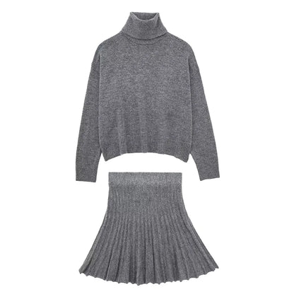 TRAFZA Fashion Women's High Neck Vintage Loose Knitted Suit Women Cropped Sweater Long Sleeve Female Pullovers Chic Tops Skirt