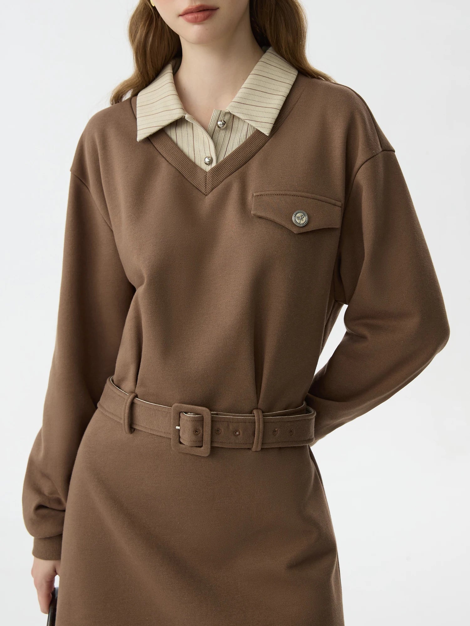 FSLE Women Winter Long Sleeve Dress Polo Neck Patchwork Design Mini Dress With Sashes Khaki Full Sleeve Short Dress 24FS14595