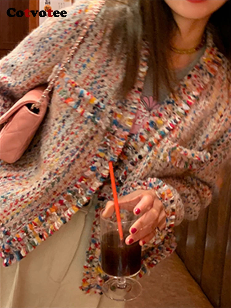 Cotvotee Rainbow Wool Coat Women 2024 Spring Autumn New Fashion Long Sleeve Jackets Vintage V Neck Open Stitch Casual Chic Coats