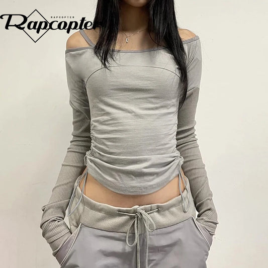 Rapcopter Solid Patchwork Crop Top Bandage Asymmetrical T Shirt Women Full Skeeve Korean Harajuku Tee Casual Stylish Autumn 90s