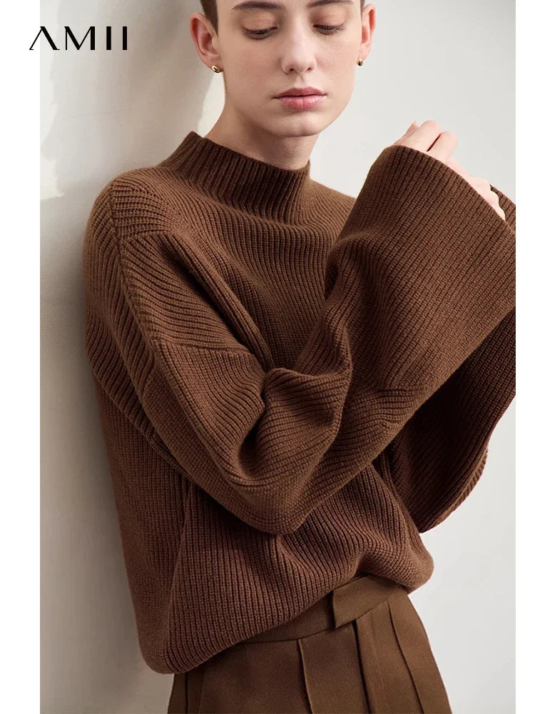 Amii Minimalism 2024 Autumn Sweaters for Women New Commuter Retro Mock Neck Flared Sleeve Loose Knitted Cozy Pullovers 12443180