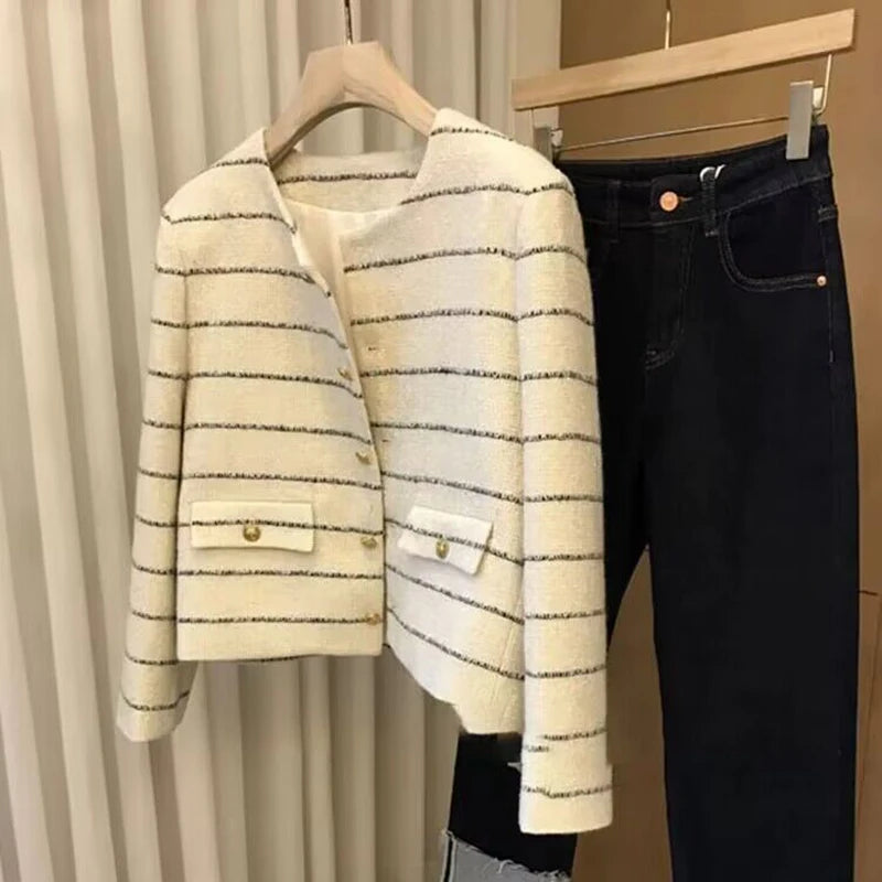Autumn Winter Striped Tweed Jacket Women O Neck Long Sleeve Elegant Woolen Basic Coat Outerwear Crop Top