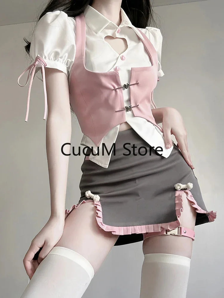 2024 Summer Women Japanese Fashion Gyaru Girl Design Outfits 3 Piece Set Short Sleeve Top Kawaii Vest Mini Skirt 2000s Aesthetic