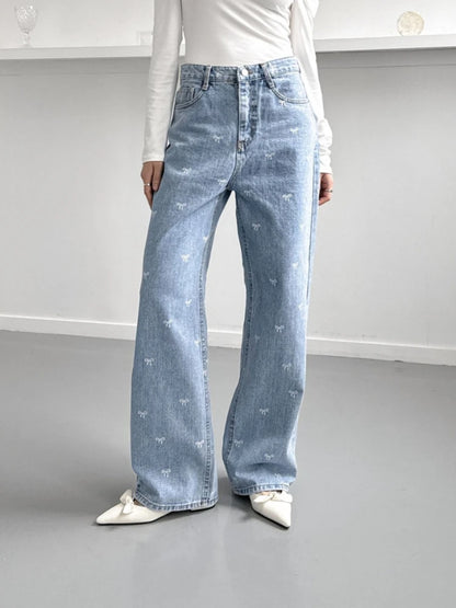 Women Light Blue Jeans Pant Korean Baggy Bow Decorated High Waisted Straight Leg Long Pant Female Casual Printed Button Trousers