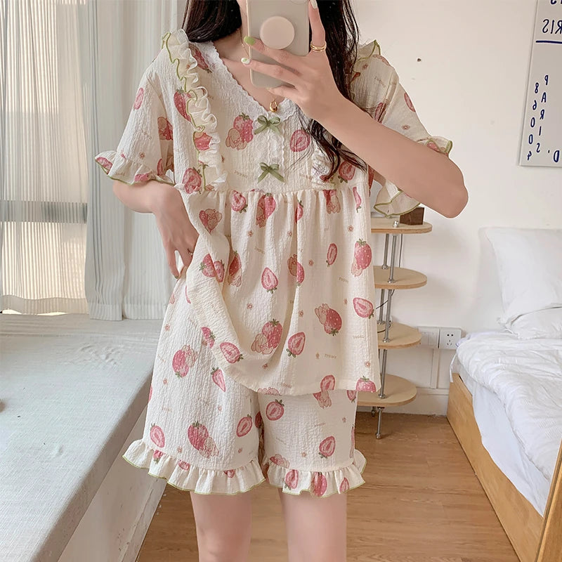Pajama Mujer Strawberry Print Sleepwear Set Short Sleeve Top+Shorts Ruffle Homewear Skin-Friendly Breathable