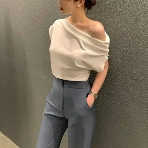 Diagonal Collar Off Shoulder Short Sleeve Top