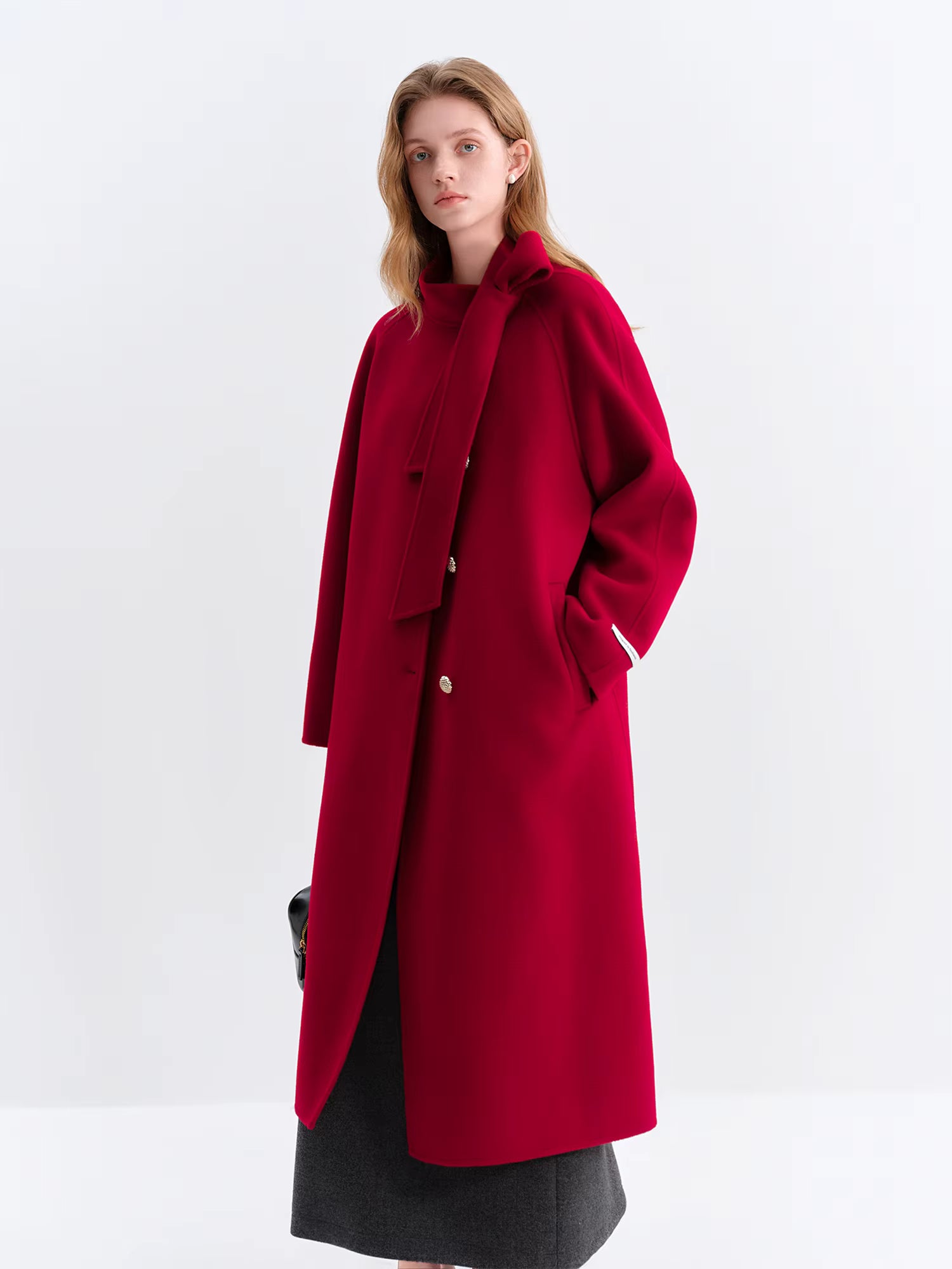 Winter 2025 Women Stand Collar Tie Detail Double Faced Wool Blend Coat - Long Length Elegant Outerwear for Casual Winter