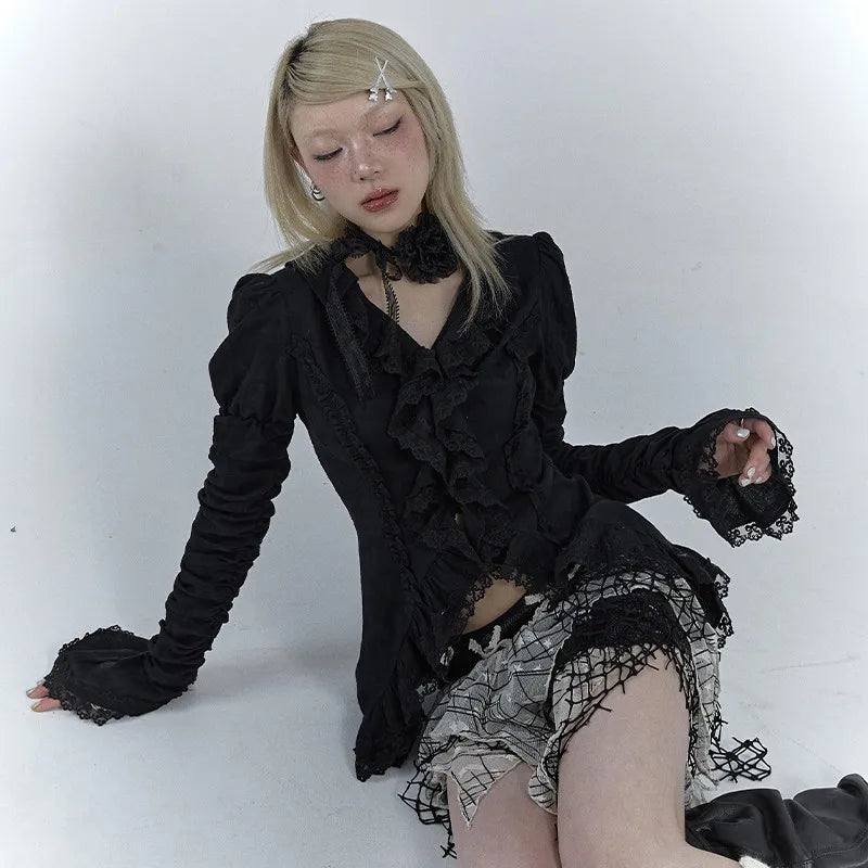 Black Lace Shirt Dark Aesthetic Irregular Blouses Yamamoto Style Grunge Flare Sleeve V-neck Shirt Vintage Y2k Emo