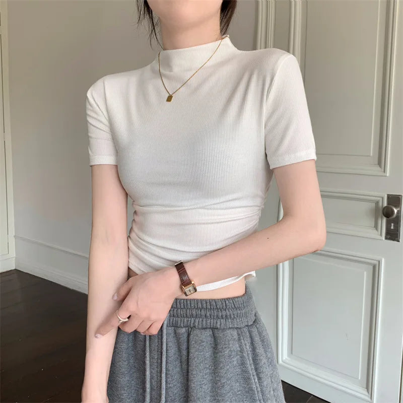 Summer Women Short Sleeve T Shirts 2024 Korean Style Casual Half High Collar Tops Girl Slim Fit Thin Knitted O Neck T-shirt