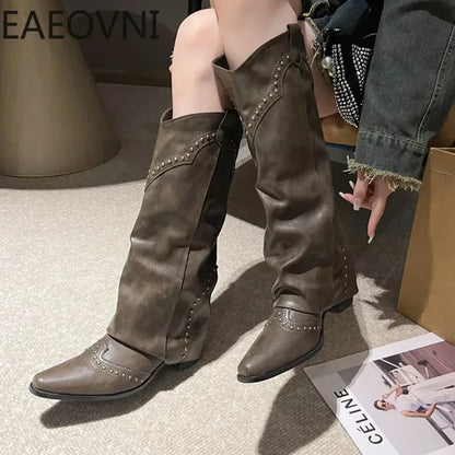 Slip On Woman Cowgirl Boots Fashion Ladies Elegant Square Low Heel Long Boots Shoes Women's Winter Footwear