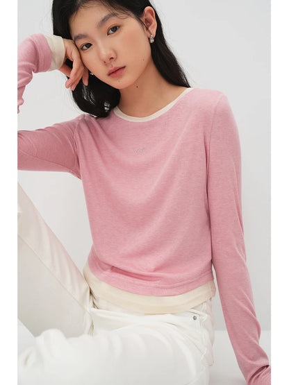 ZIQIAO Casual Sense Mulberry Silk Long-sleeve Round Neck Splicing Fake Two-piece Top for Women 2023 Spring New T-shirt 24ZQ91030