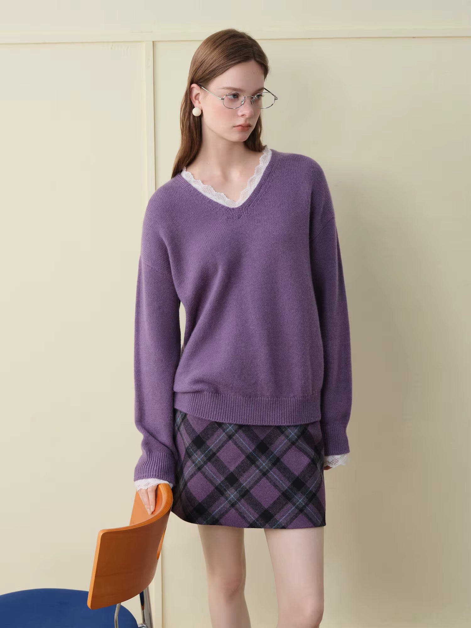Winter 2025 Women's V-Neck Lace Knit Sweater - Sweet Feminine Pure Wool Blend Pullover Relaxed Fit for Casual Elegance