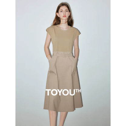 TOYOUTH Women Sleeveless Dress 2024 Summer New Spliced Casual Style Silk Cotton Pocket Mid length Dress With Waistband Coffee