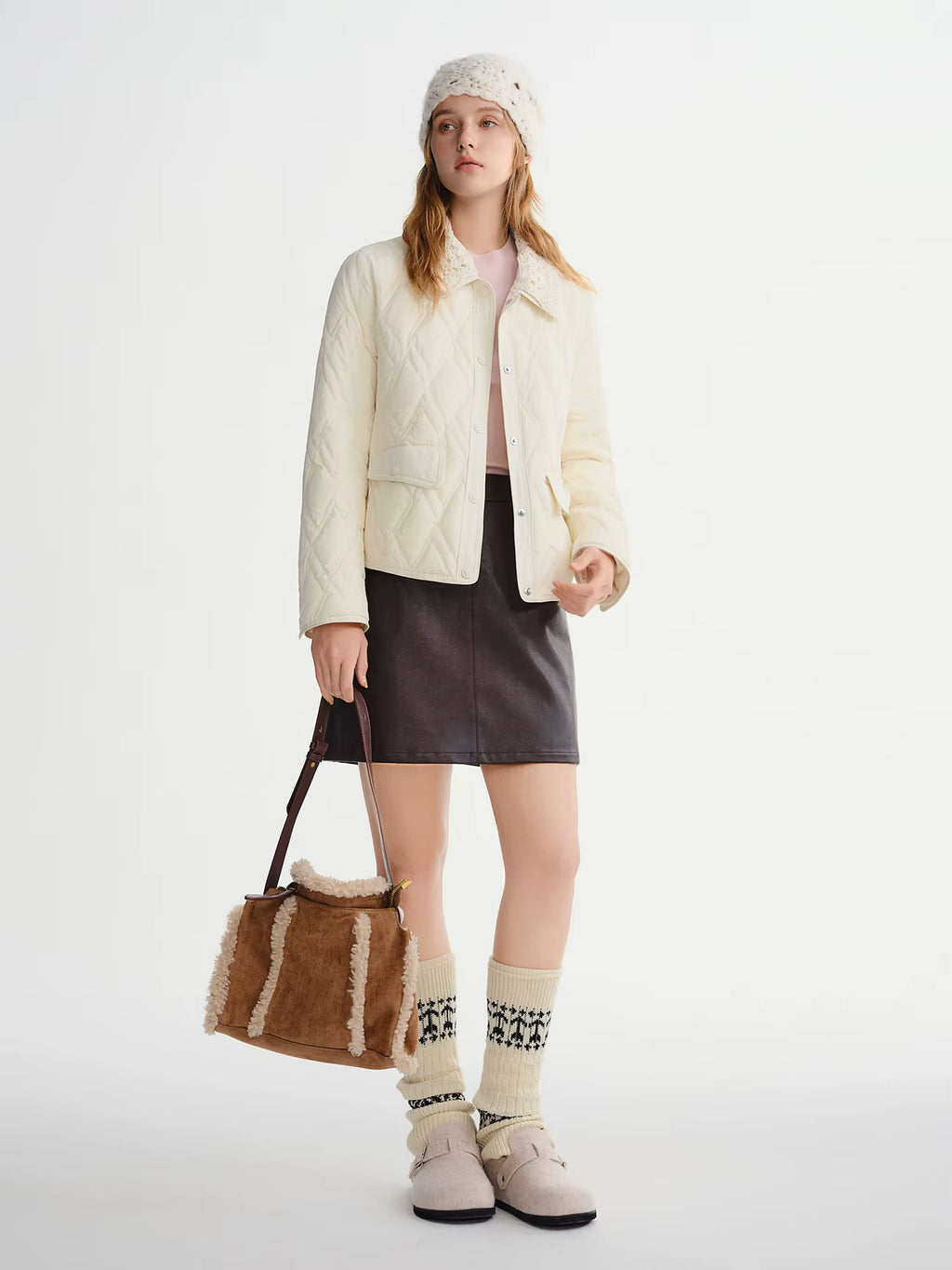 Plus Size Women's Cream Quilted Down Coat with Crochet Lace Collar Winter 2025 Fashion Warm Short Puffer Jacket Outerwear