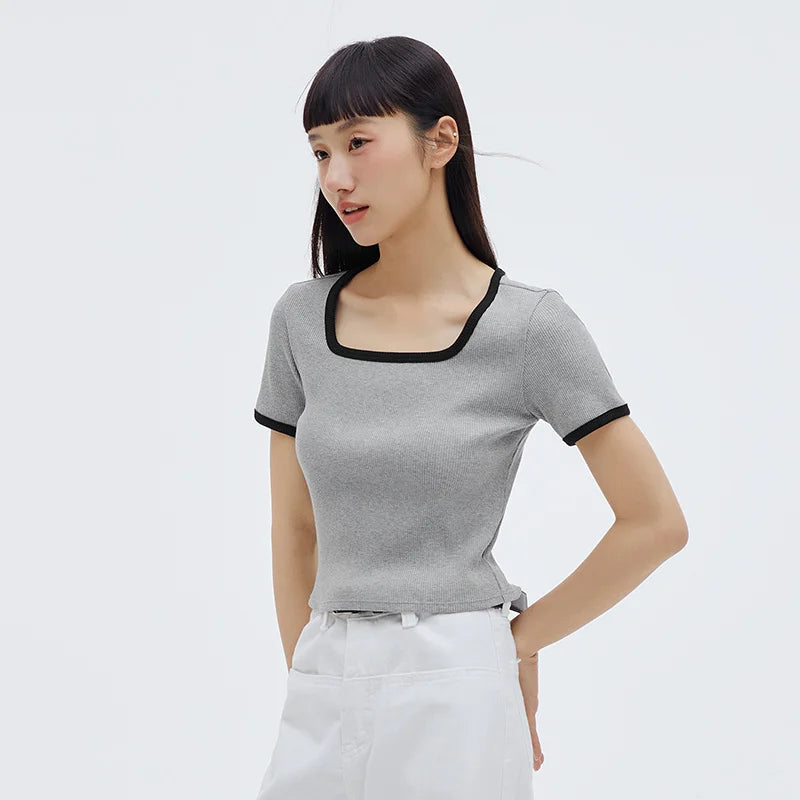 Semir Short-sleeved T-shirt Women PJ Casual Home Interior Fashionable Sweet Vest Square Neck Knitted T-shirt