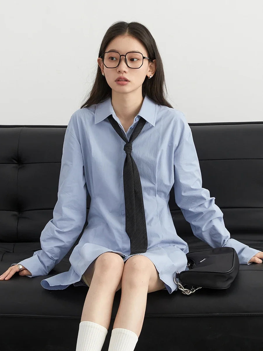 CHIC VEN Korean Women Shirt Dress Blue Cotton Waist Pleated A-line Long Sleeved Female Blouse Dress Spring Summer 2024