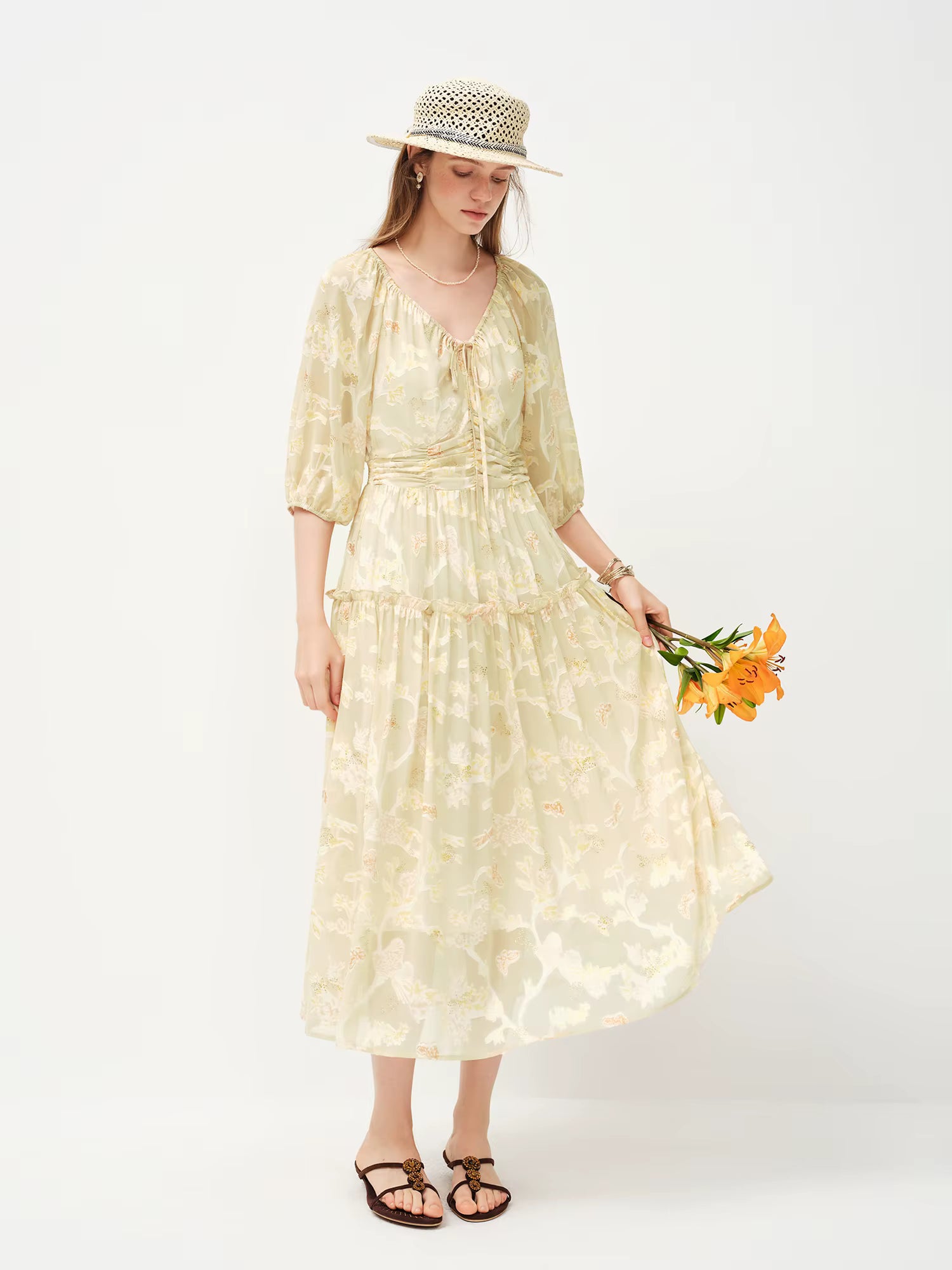2026 Spring Women's Ethereal Textured Floral Embroidered Dress - Lily of the Valley Inspired Mid-Length Midi for Spring
